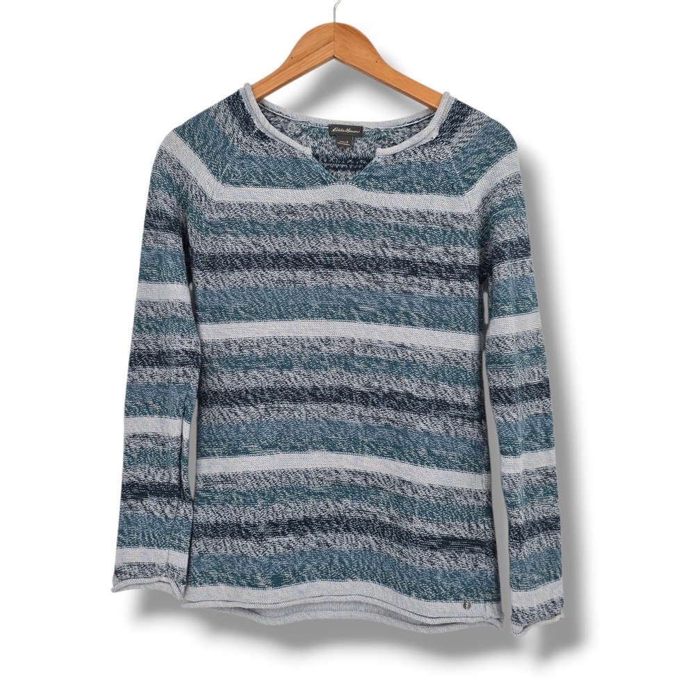 Eddie Bauer Womens Blue Teal Striped Cotton Knit Split Neck Raglan Sweater Small
